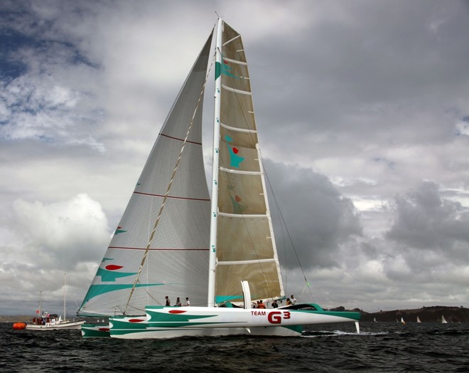 G3 a VPLP 18.3 metre trimaran owned by Simon Hull takes line honours in the multihull division on Day one of the Bay of Islands Regatta. © Cathy Vercoe LuvMyBoat.com http://www.luvmyboat.com